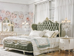 Villa Luxury Solid Wood Caving White And Avocado Green Leather Bed