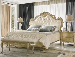 High End New Classic French Carving Wood Beige Leather King Bed