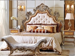 Villa High Quality Very High Headboard Carving Wood Rococo Art Fabric Soft Bed
