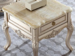 New French Champagne Gold Solid Wood Carved Marble Top Side Table