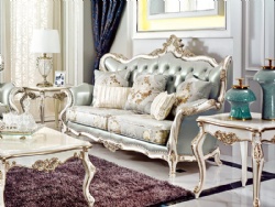 New French Classic Design Wood Carving Light Color Leather Sofa