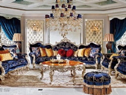 Master Neoclassical 4-seater Solid Wood Carved Dark Blue Fabric Sofa