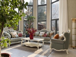 Neoclassical Gray And White Solid Wood Carved 1 2 3 Seater Leather Sofa Set